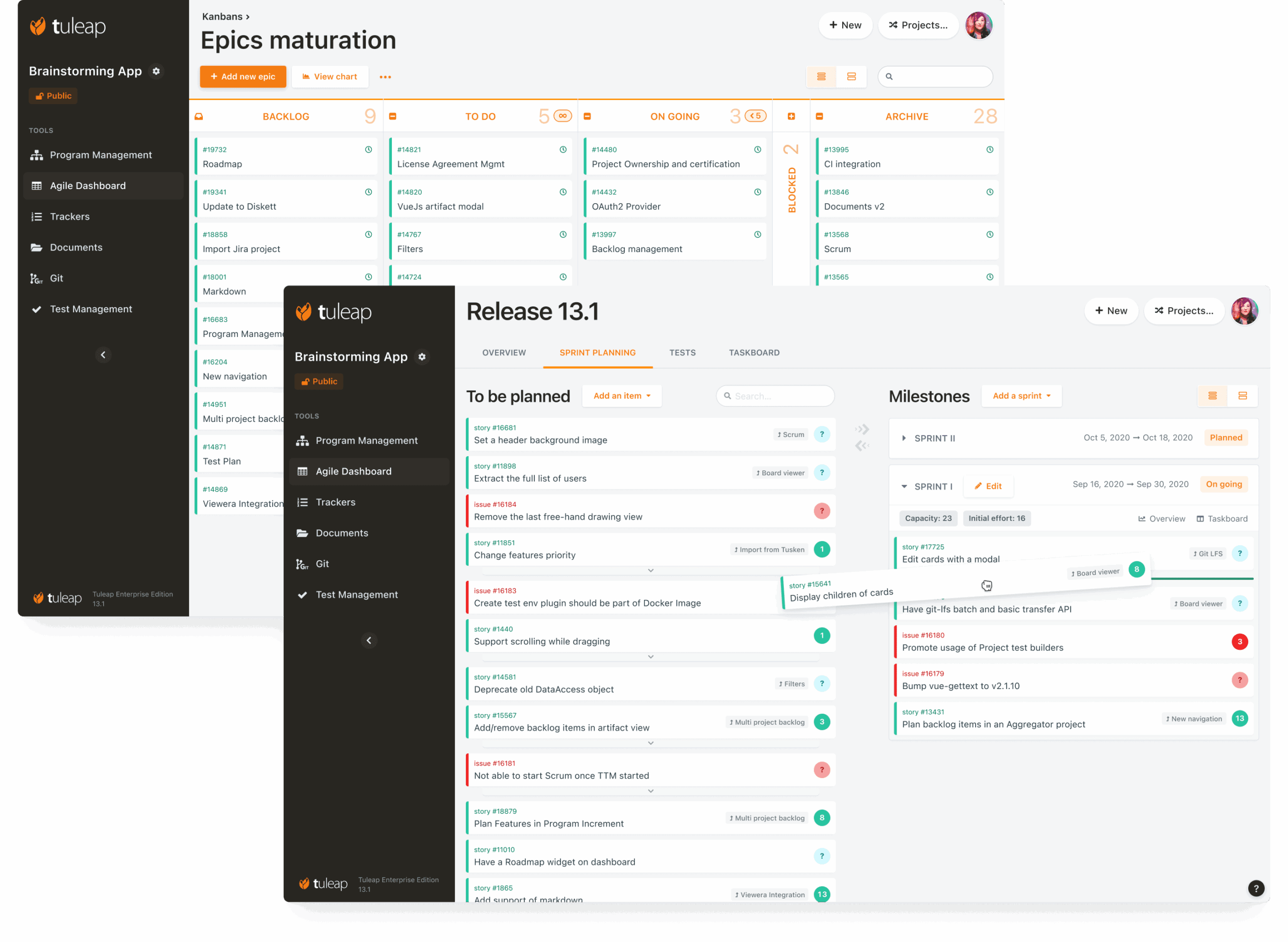 Tableau Kanban et planification dans Tuleap