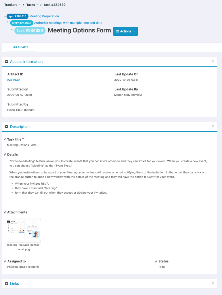 Exemple d'artefact dans Tuleap